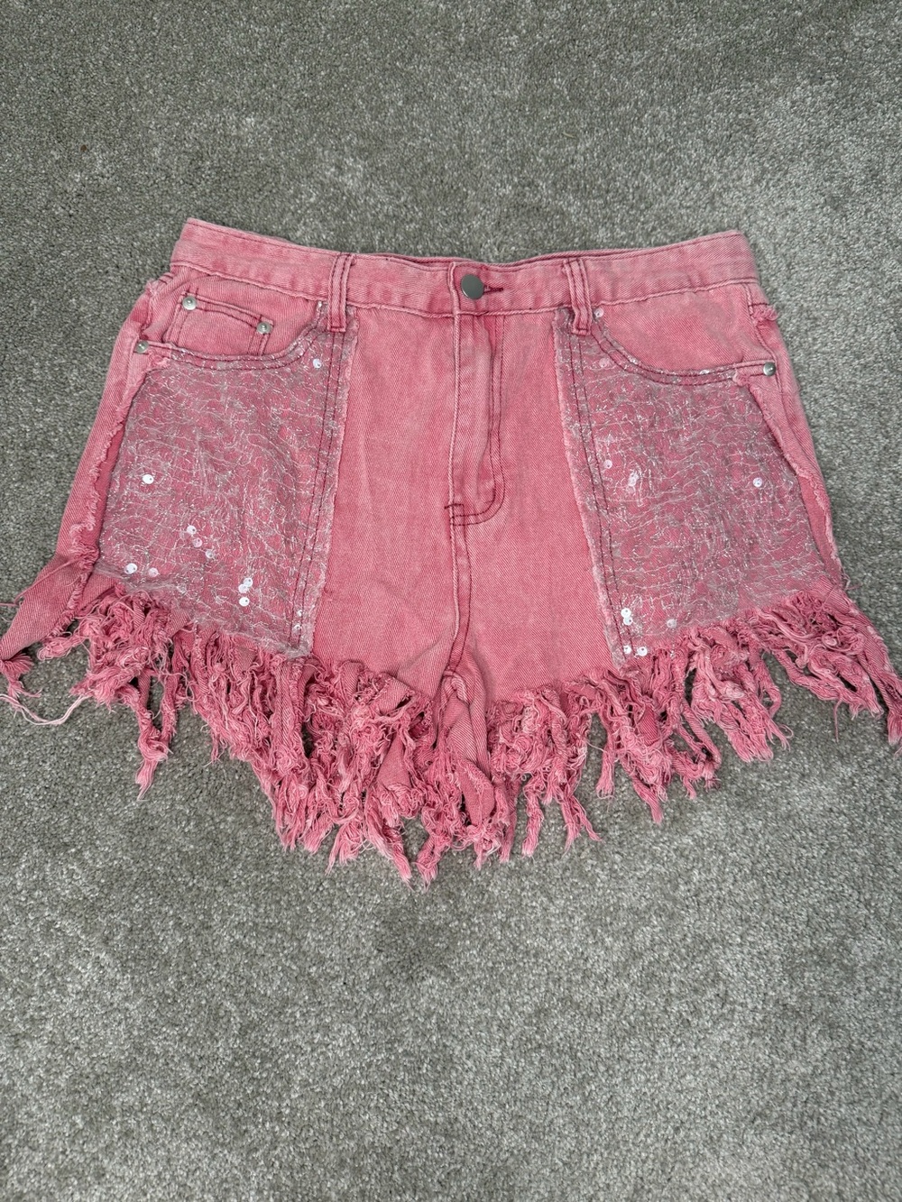 POL Pink Sequin Patchwork Distressed Fringe Denim Shorts SMP447B Womens L
